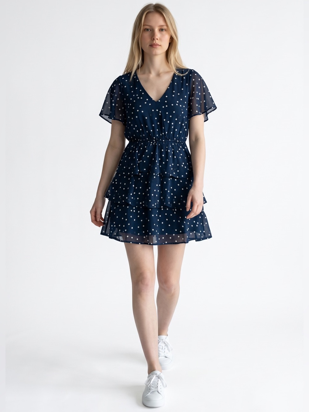 Trixxi Navy and White Polka Dot V-Neck Tiered Mini Dress